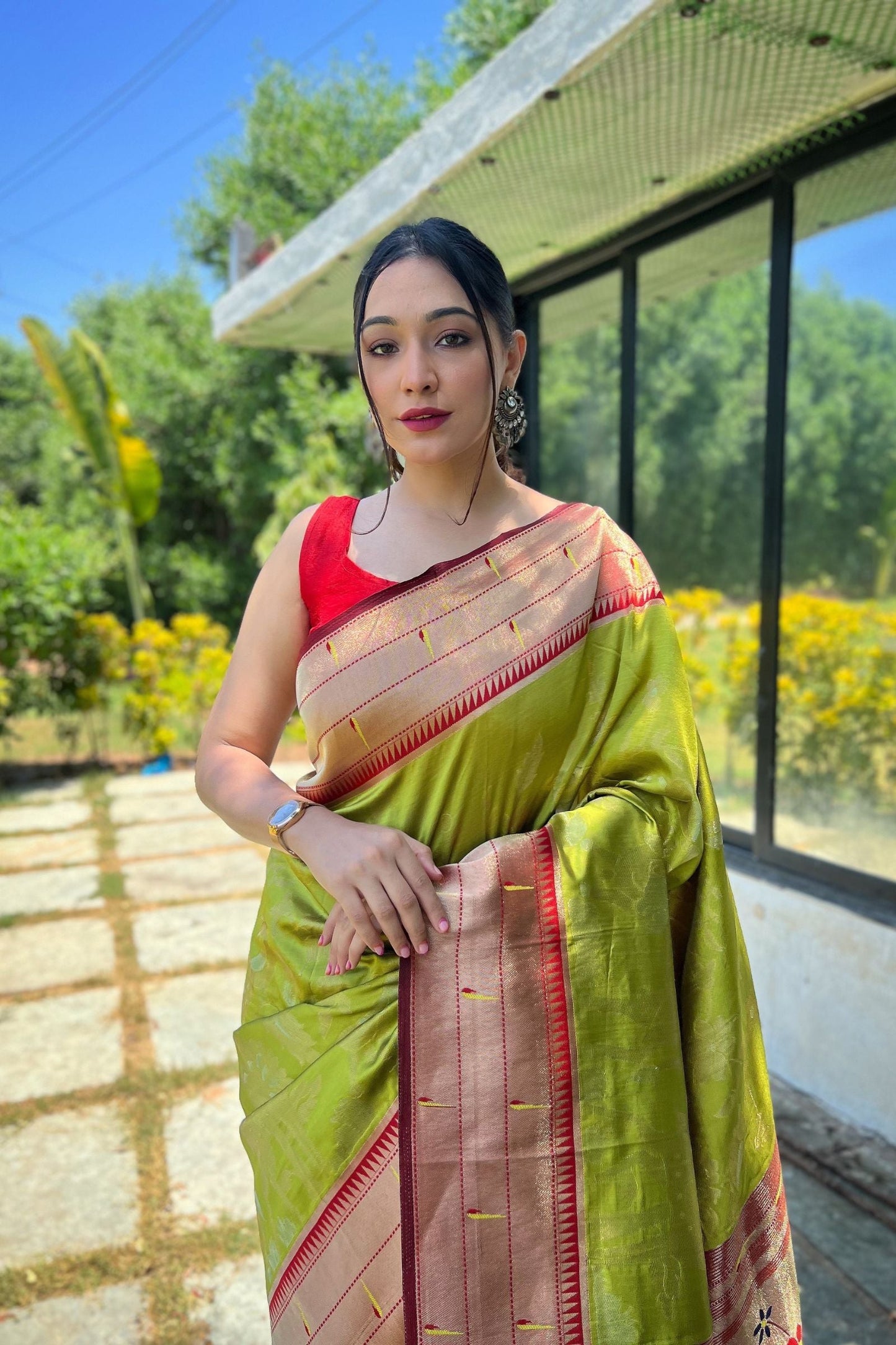 Neon Green Zari Woven Soft Paithani Silk Saree with Traditional Pattern