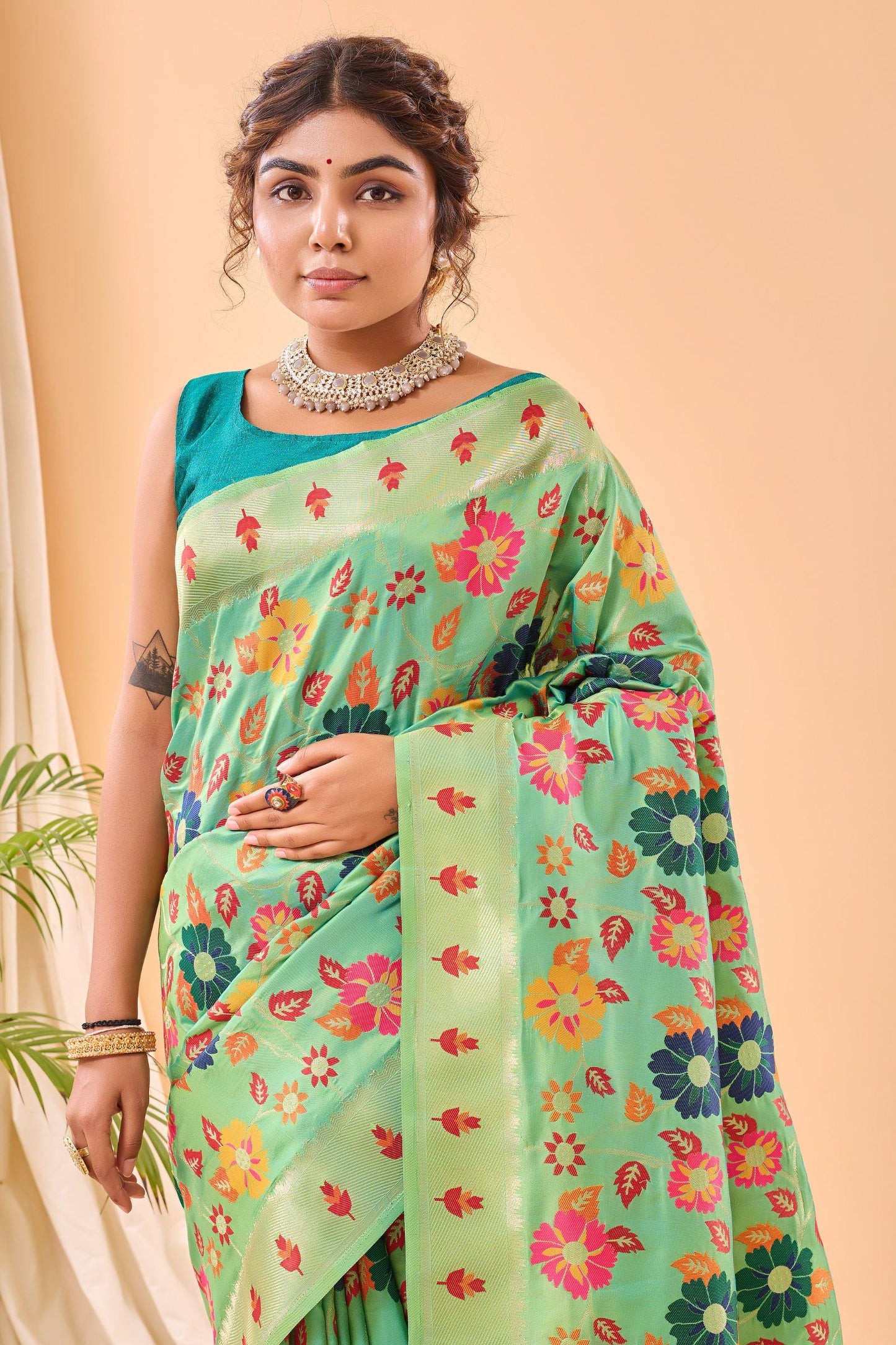Pista Paithani Silk Saree with Royal Jaal Work