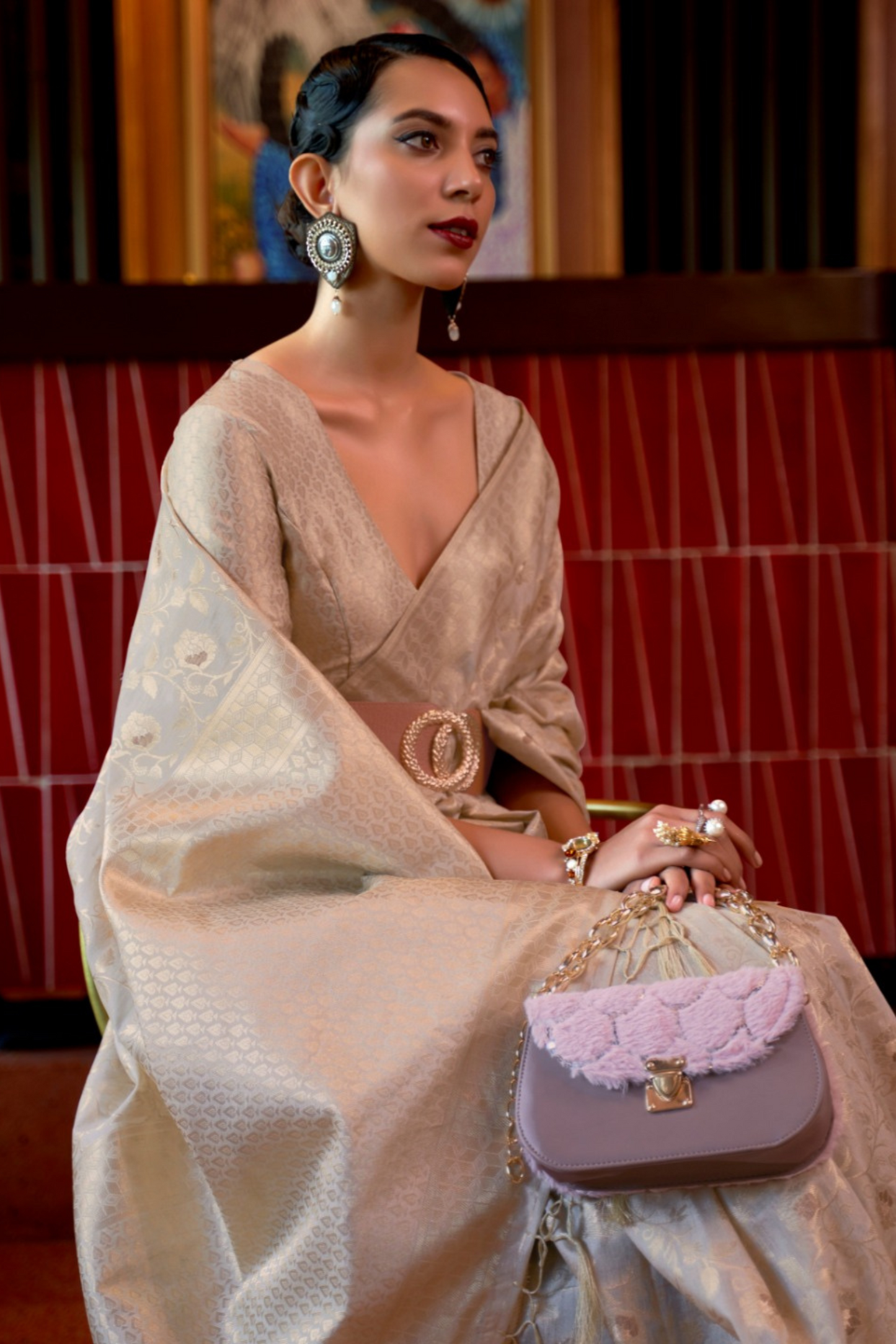 Beige Pure Banarasi Woven Silk Saree with Zari Work
