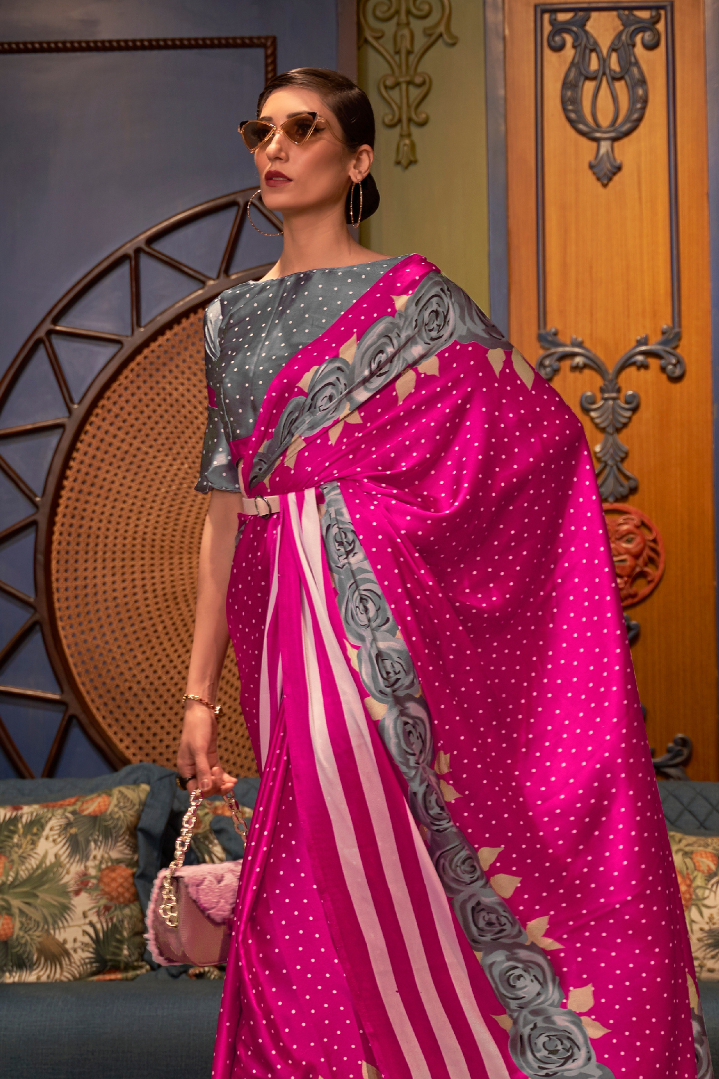 Magenta Floral Printed Satin Crepe Saree