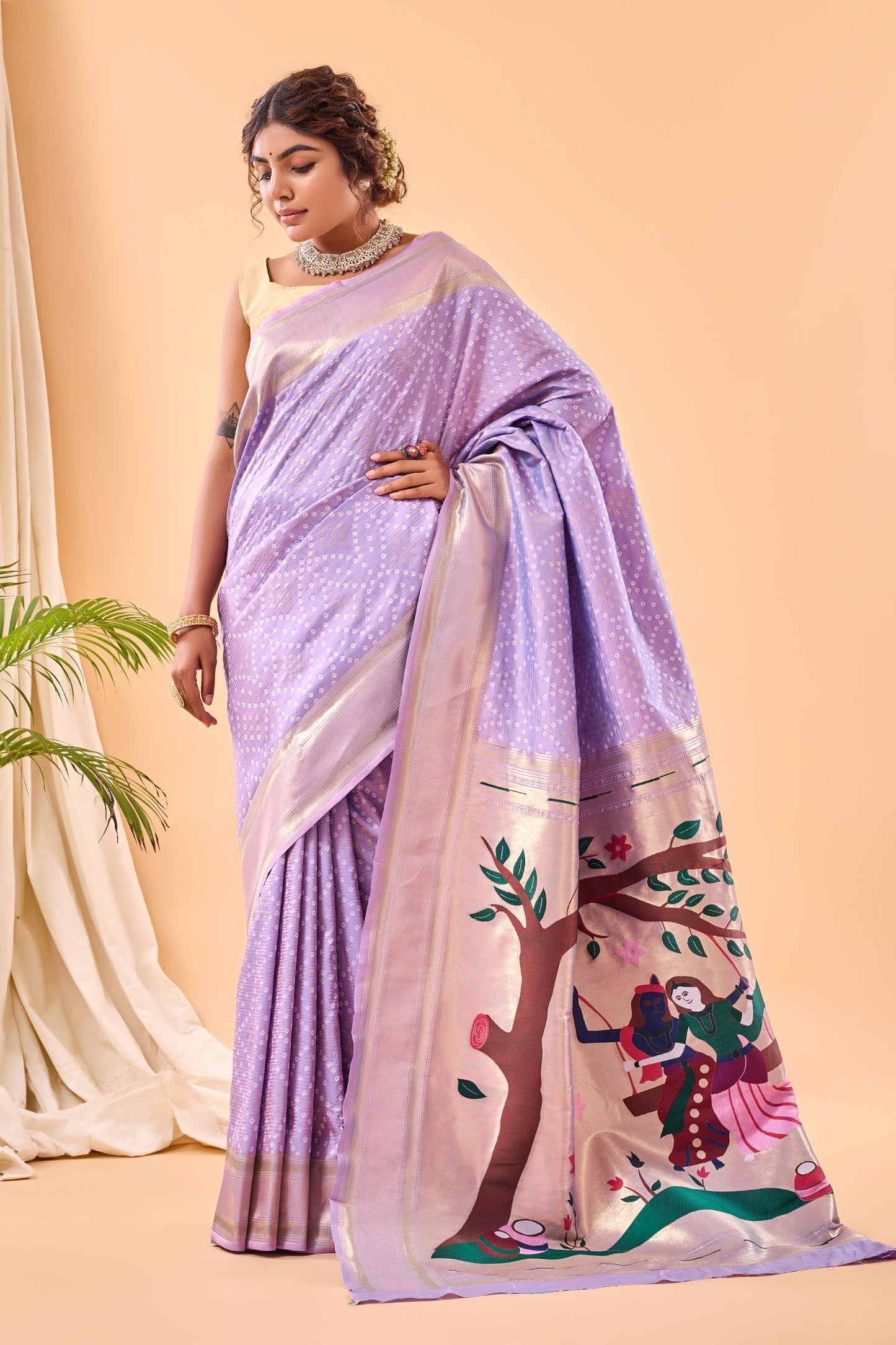 Lavender Bandhani Weaving Paithani Silk Saree