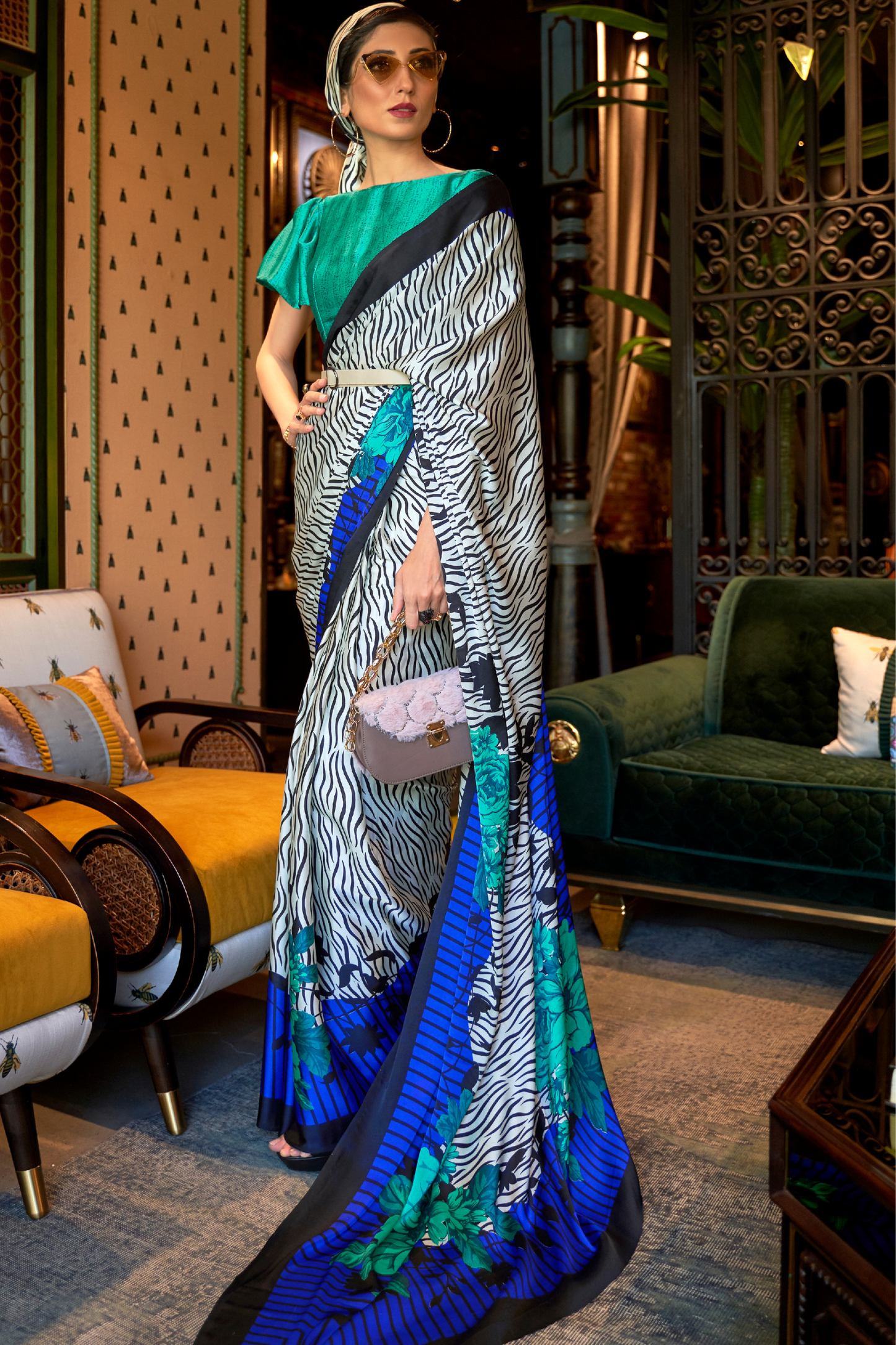 White & Blue Floral Printed Satin Crepe Saree