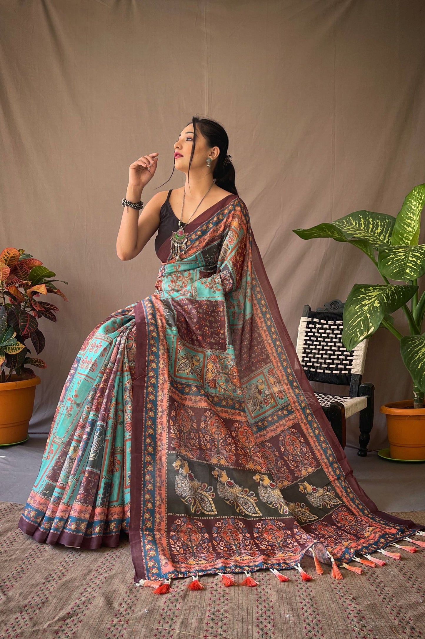 Sky Traditional Kalamkari Digital Printed Soft Cotton Saree