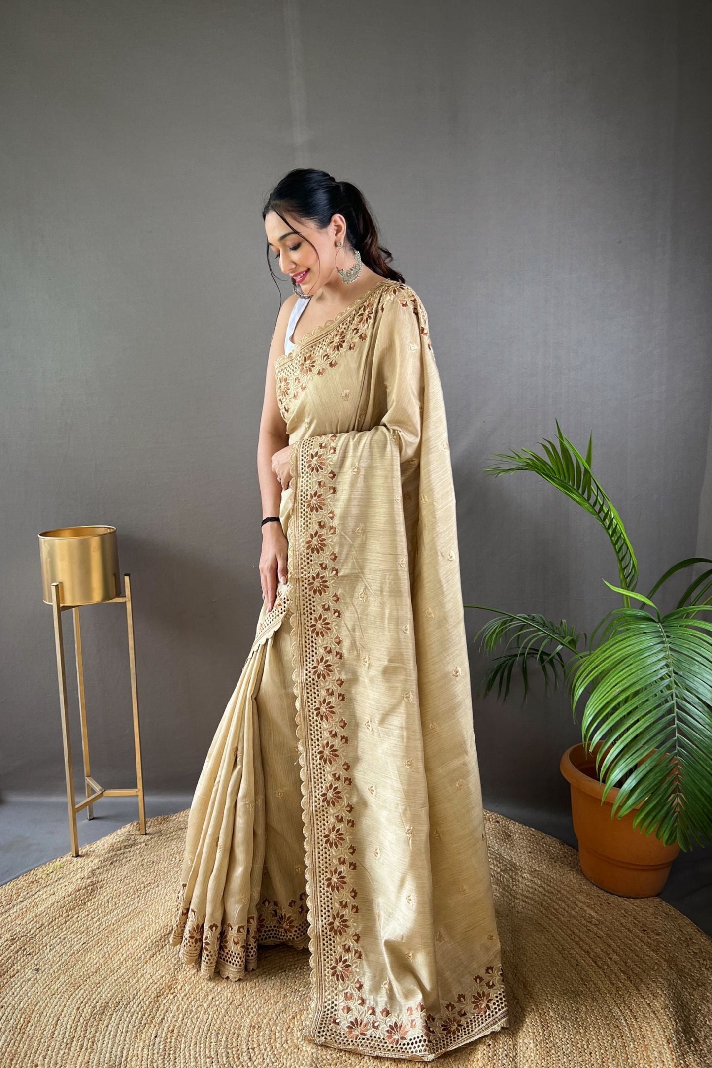 Cream Matka Soft Silk Saree with Floral Cutwork Border