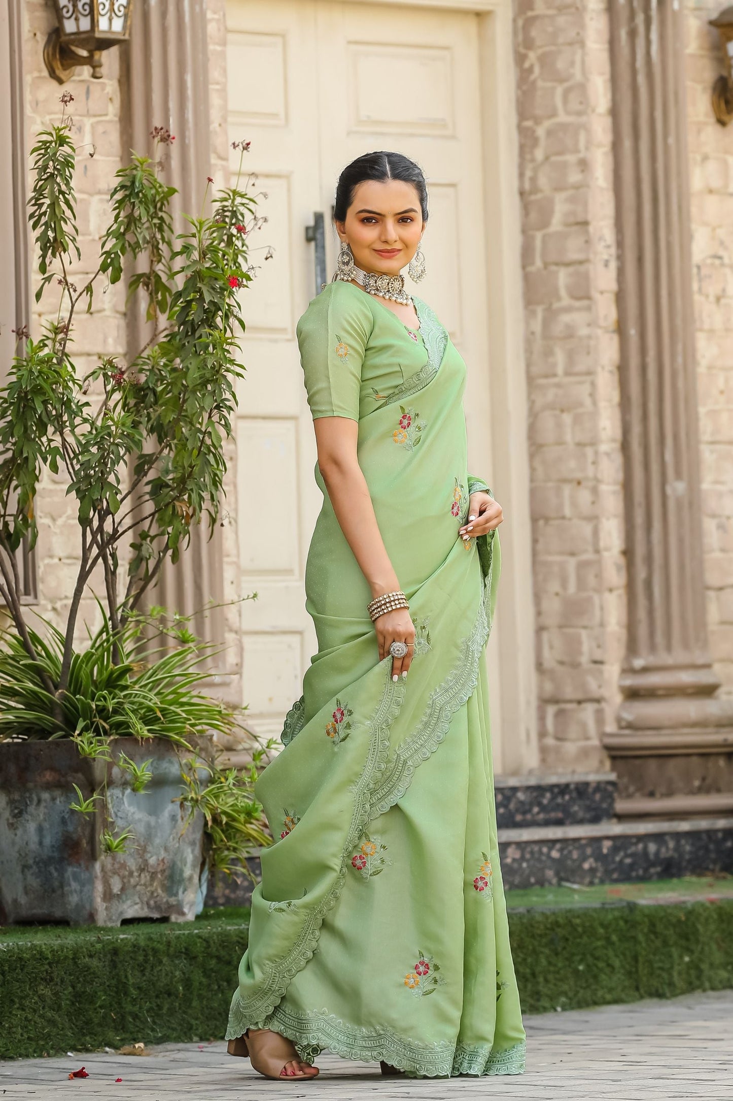 Pista Floral Embroidered Tussar Cotton Saree