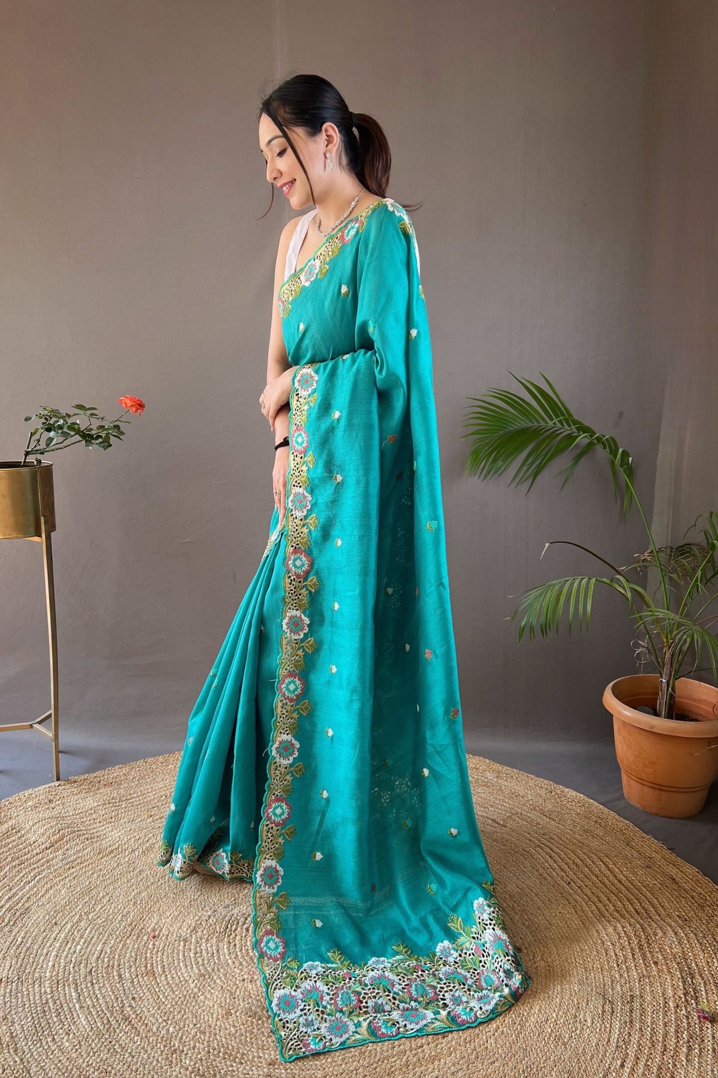 Rama Embroidered Pure Tussar Silk Saree