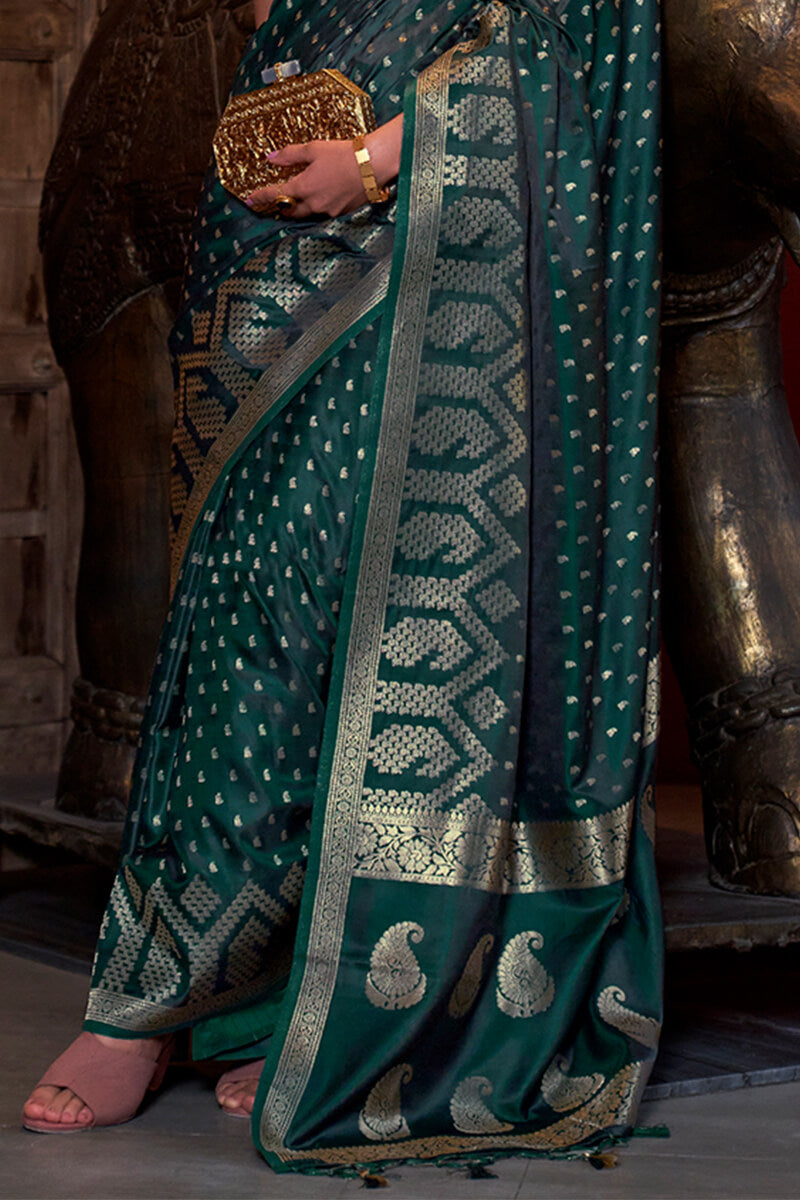 Timber Green Banarasi Satin Silk Saree