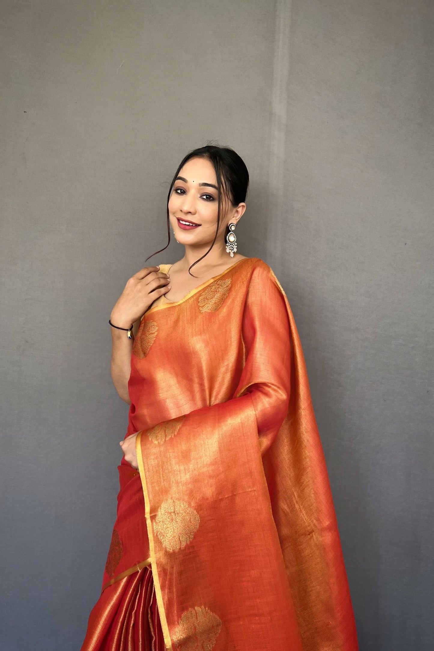 Orange Jacquard Woven Tissue Silk Saree
