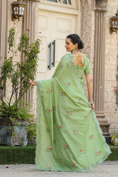 Pista Floral Embroidered Tussar Cotton Saree