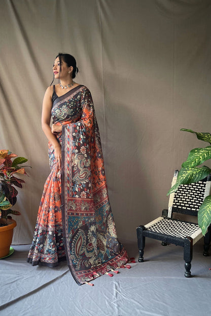 Orange Kalamkari Digital Printed Soft Cotton Saree