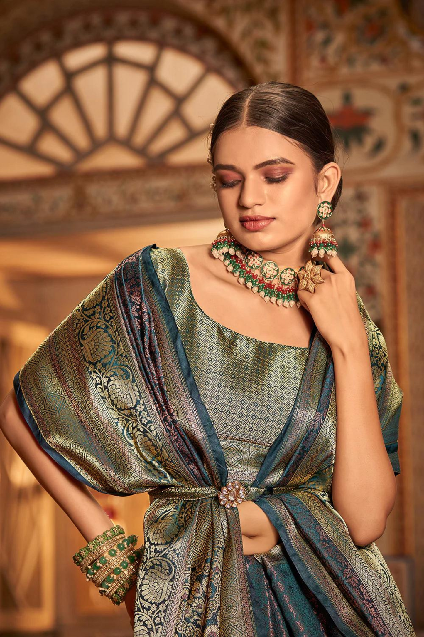 Denim Blue Pure Kanjivaram Silk with Bronze Zari Weaving