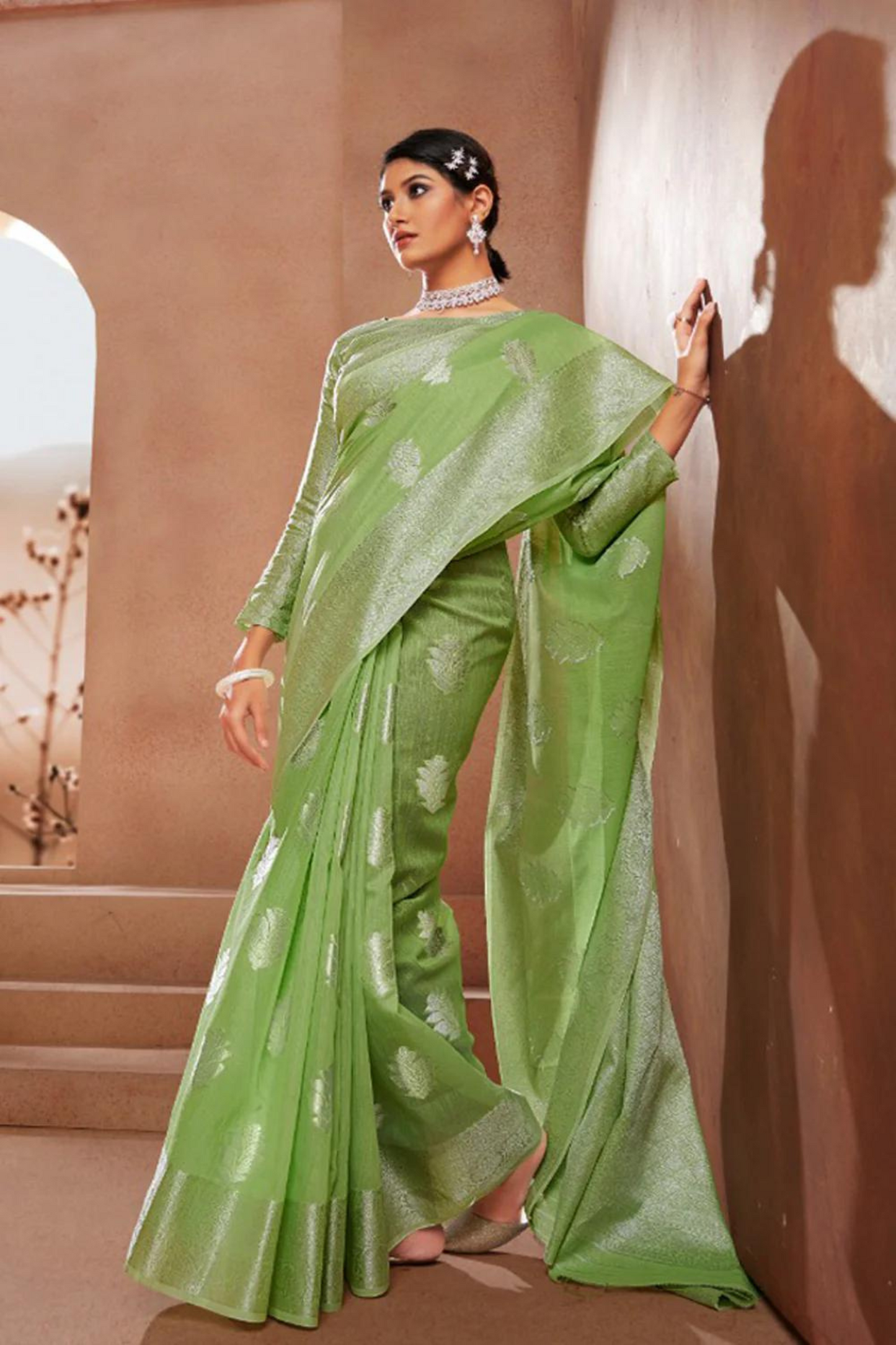 Lime Green Linen Silk with Silver Zari Weaving Border
