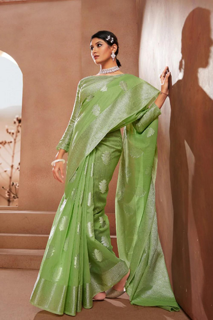 Lime Green Linen Silk with Silver Zari Weaving Border