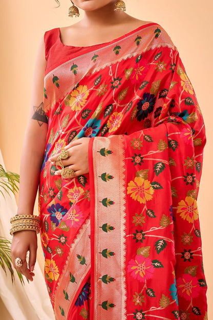 Tomato Red Paithani Silk Saree with Royal Jaal Work