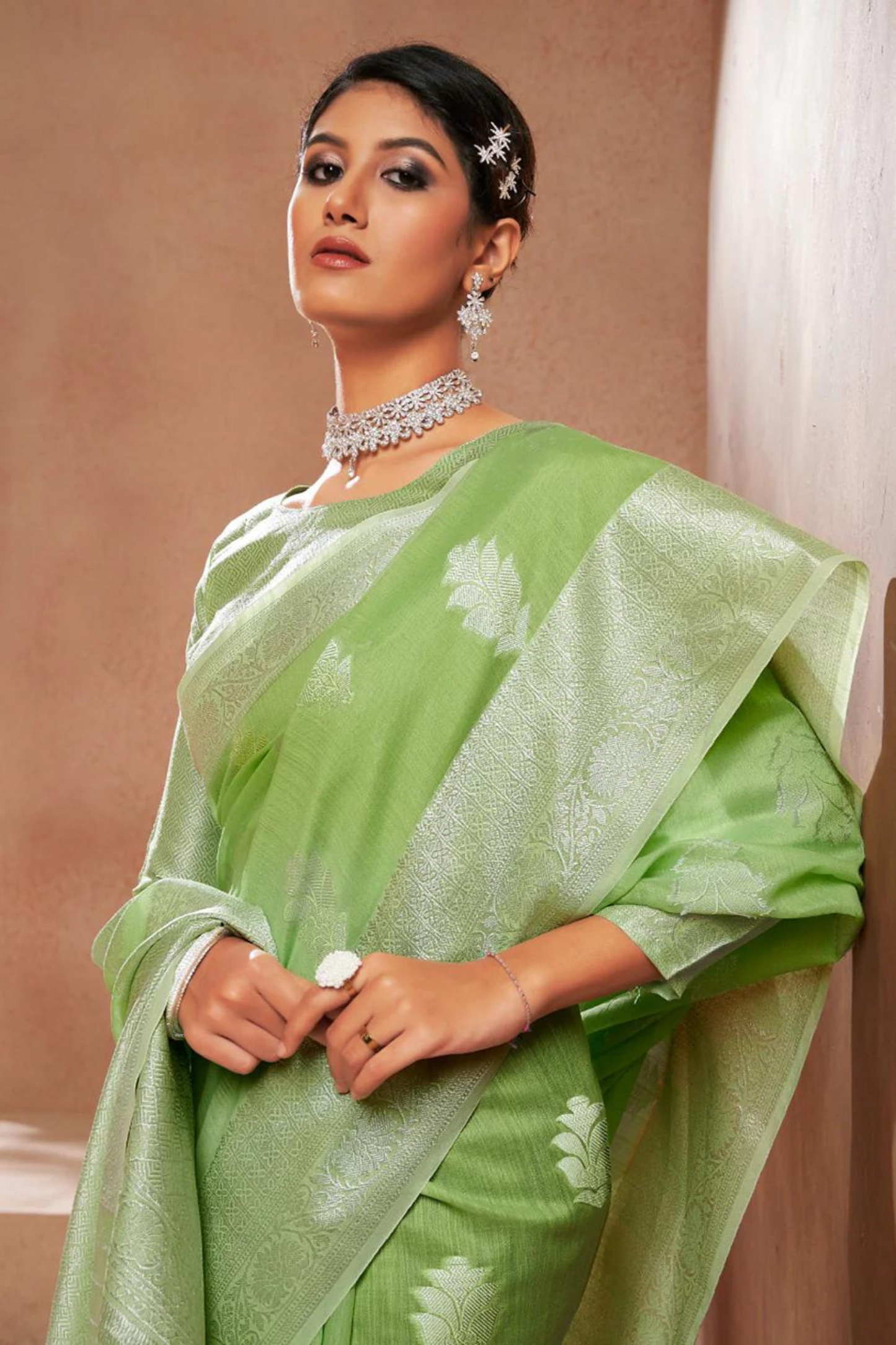 Lime Green Linen Silk with Silver Zari Weaving Border