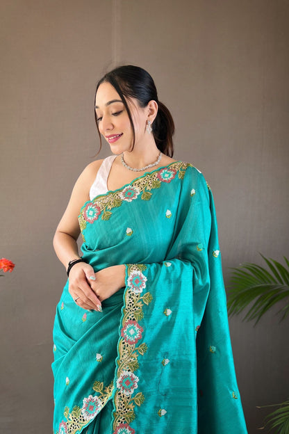 Rama Embroidered Pure Tussar Silk Saree