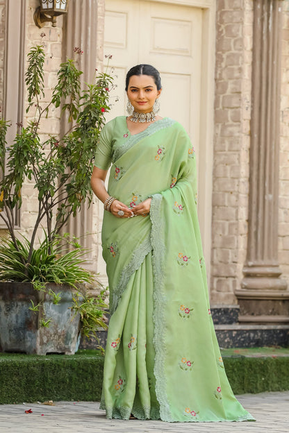 Pista Floral Embroidered Tussar Cotton Saree