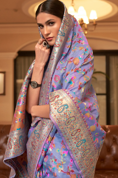 Lavender Cotton Silk Pashmina Sarees with Kashmiri Modal Weaving