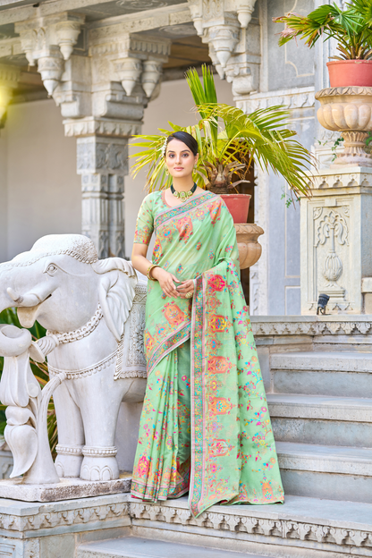 Mint Green Cotton Pashmina Silk Saree with Floral Design