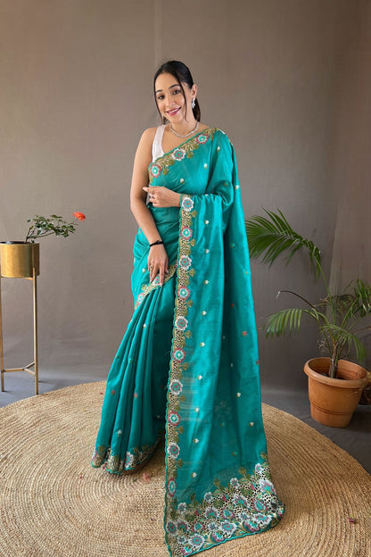 Rama Embroidered Pure Tussar Silk Saree