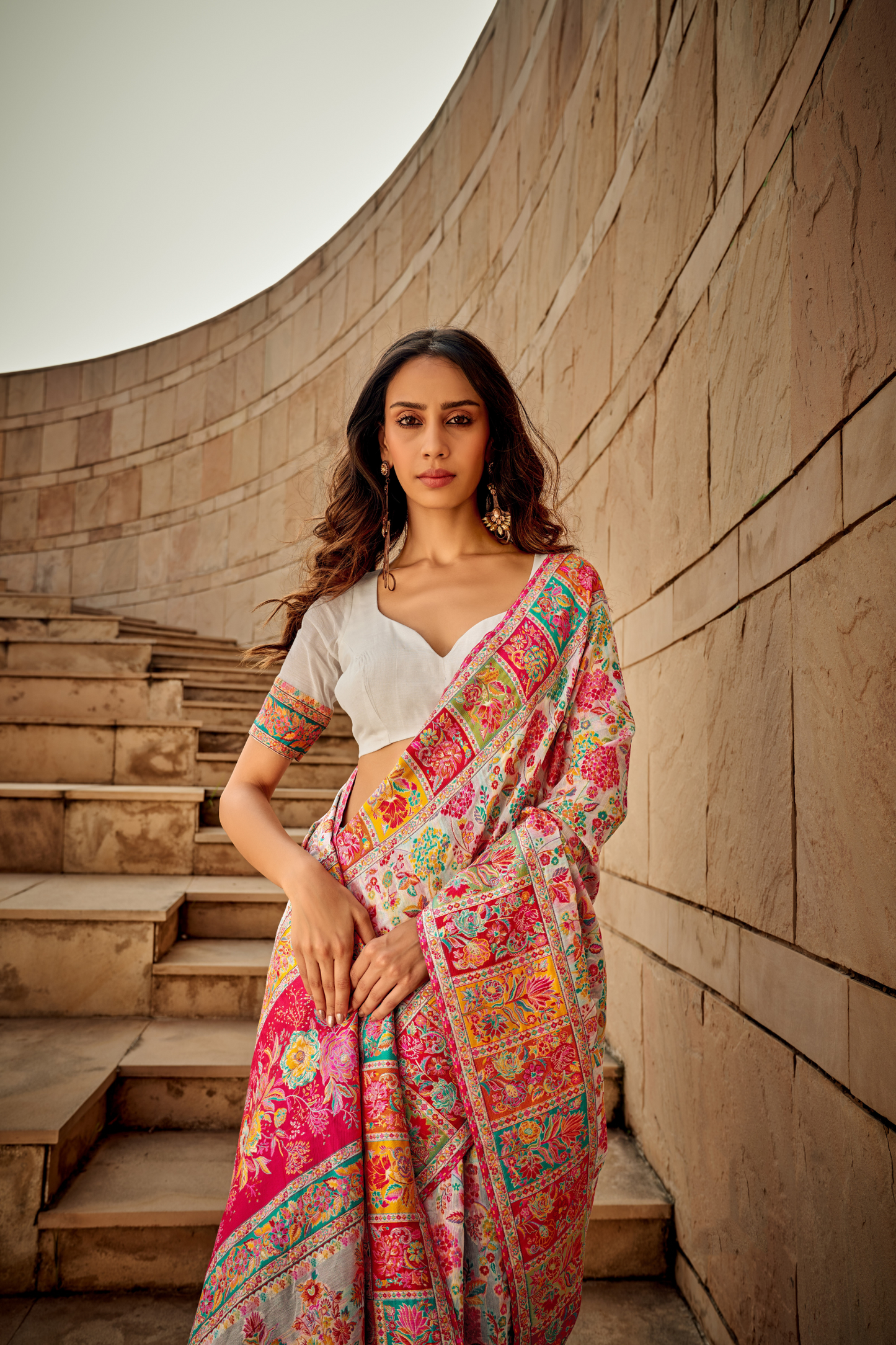 Beige white Kashmiri Soft Cotton Pashmina Silk Saree with Floral Print