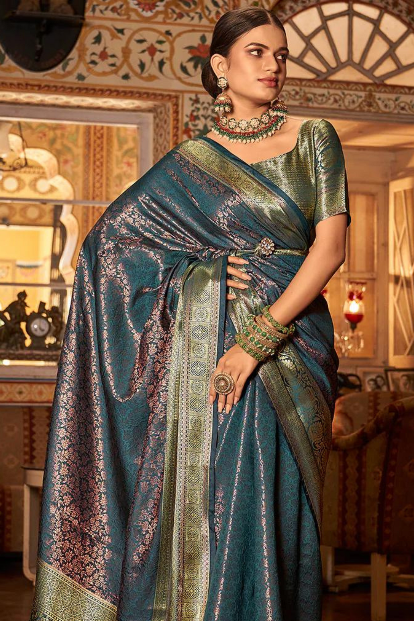 Denim Blue Pure Kanjivaram Silk with Bronze Zari Weaving