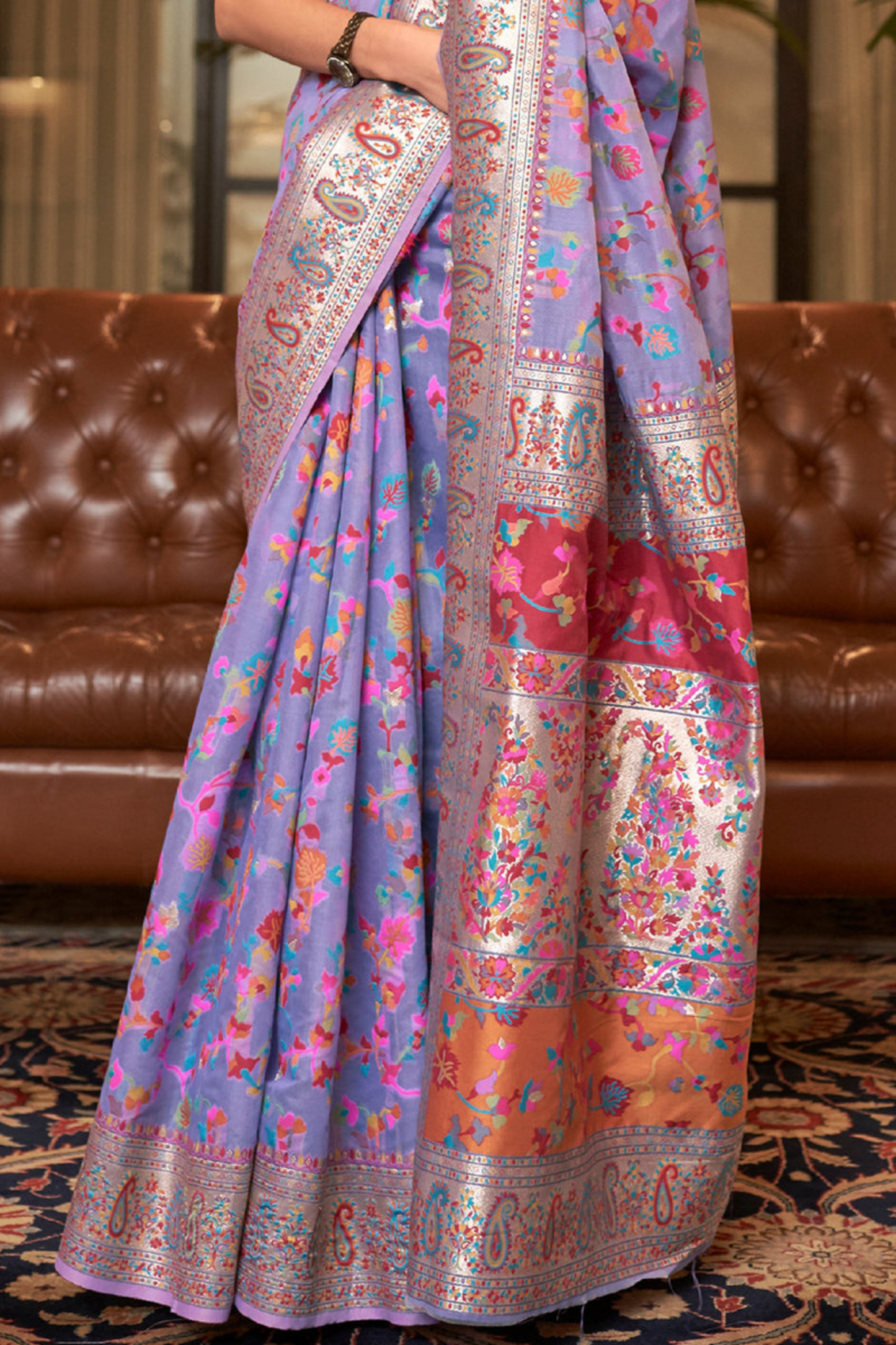 Lavender Cotton Silk Pashmina Sarees with Kashmiri Modal Weaving