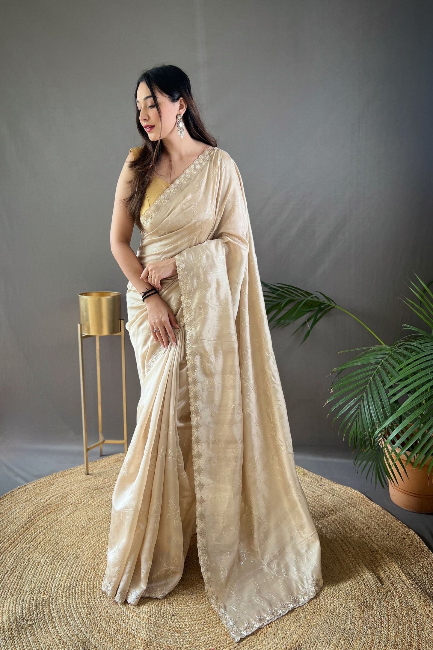 Chickoo Sequins Work Silk Saree with Embroidered Border