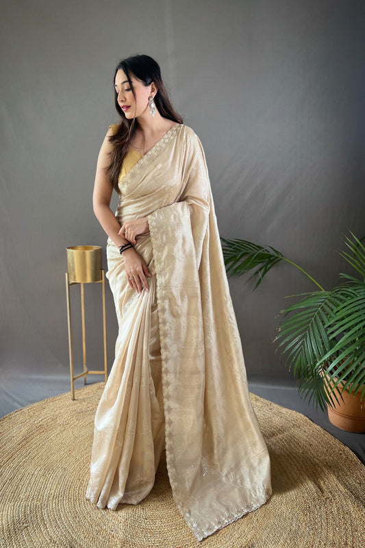 Chickoo Sequins Work Silk Saree with Embroidered Border