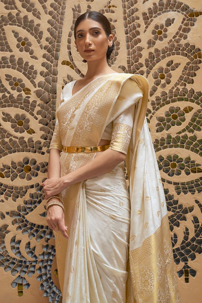 Pearl White Pure Kanjivaram Soft Silk Saree with Zari Work