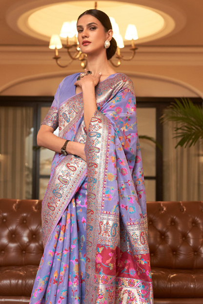 Lavender Cotton Silk Pashmina Sarees with Kashmiri Modal Weaving