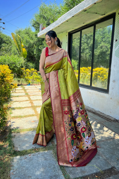 Neon Green Zari Woven Soft Paithani Silk Saree with Traditional Pattern