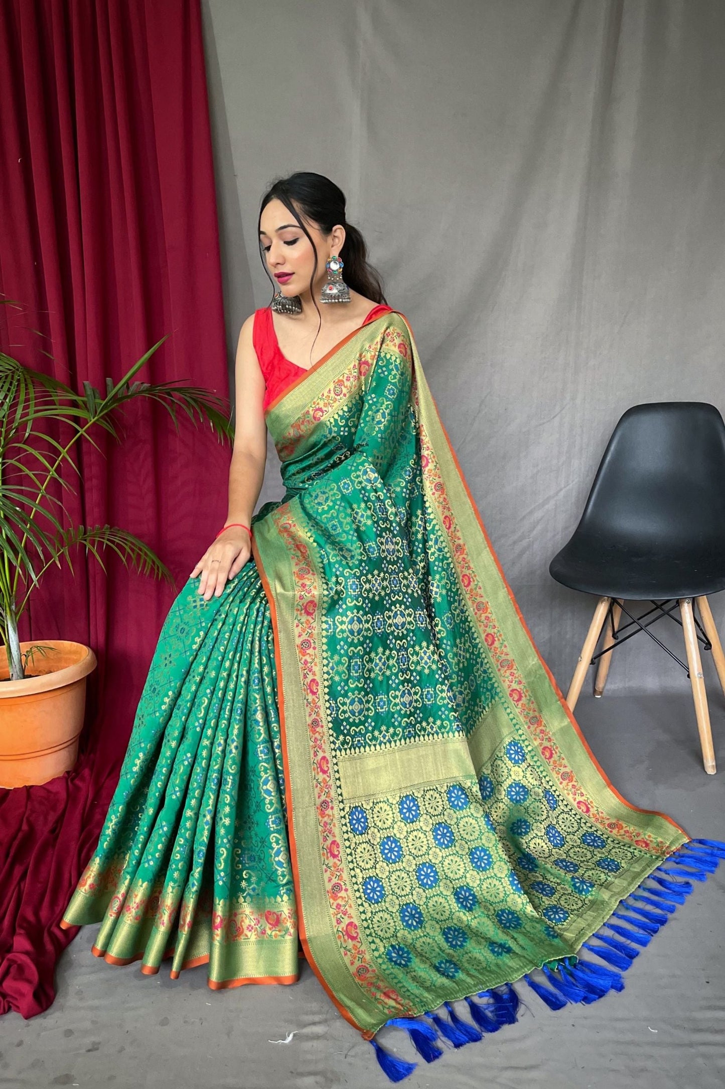Green Patola Silk Saree with Paithani Patola Fusion