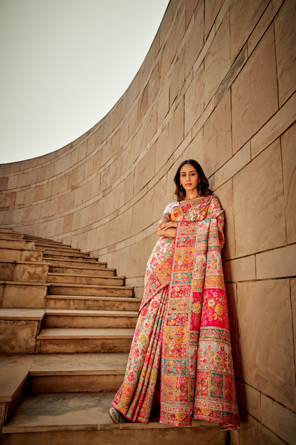 Beige white Kashmiri Soft Cotton Pashmina Silk Saree with Floral Print
