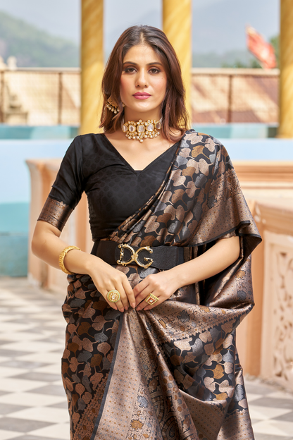 Black Designer Banarasi Ethnic Soft Silk Saree with Zari Work