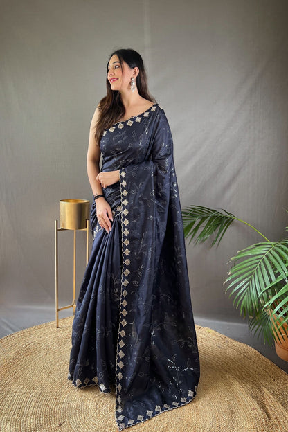 Black Sequins Work Silk Saree with Embroidered Border