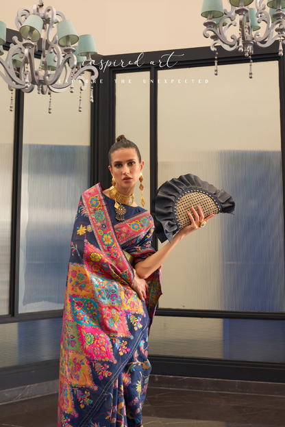 Indigo Blue Kashmiri Cotton Silk Saree with Handloom Weaving