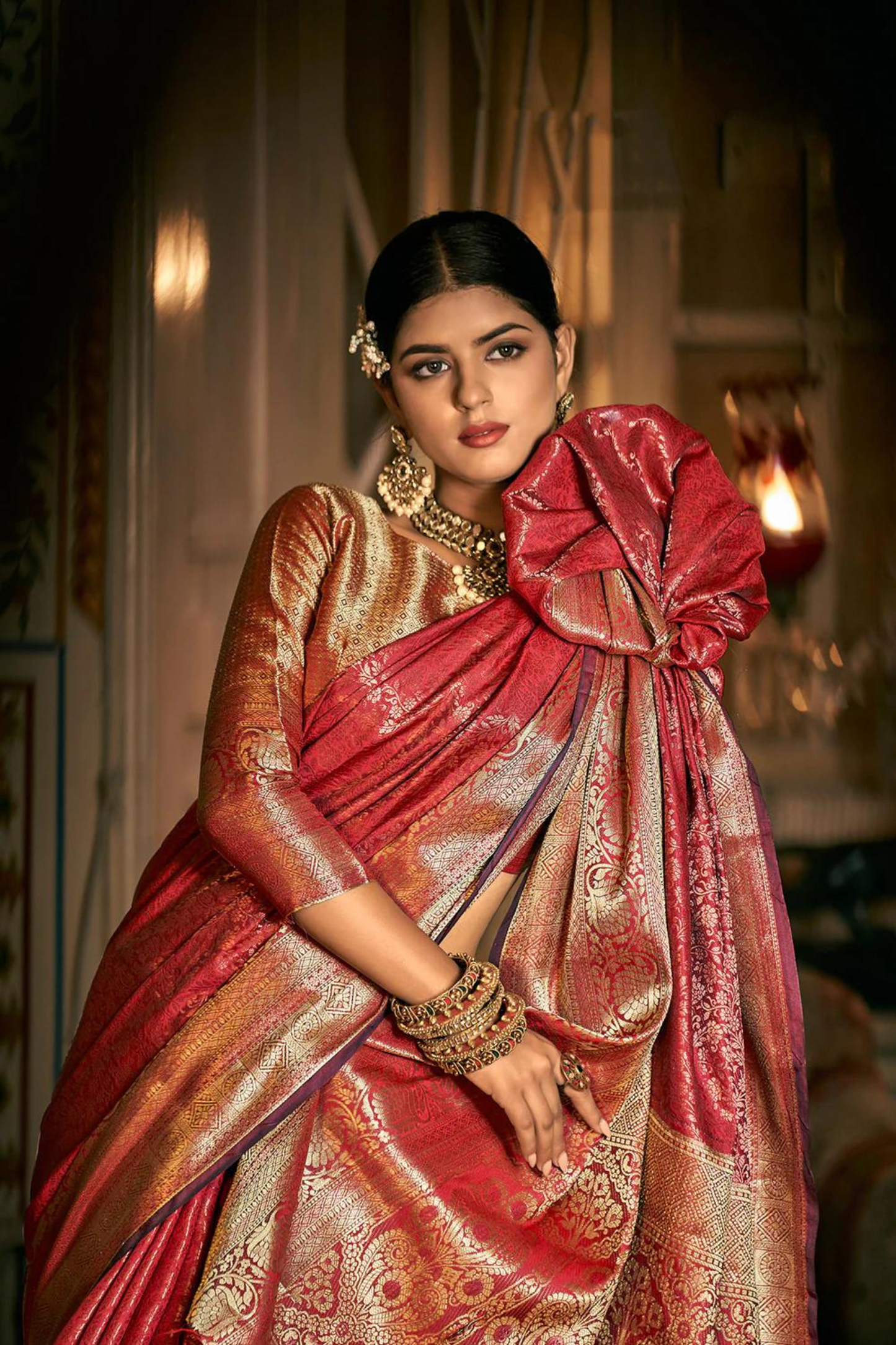 Ruby Red Pure Kanjivaram Silk with Bronze Zari Weaving