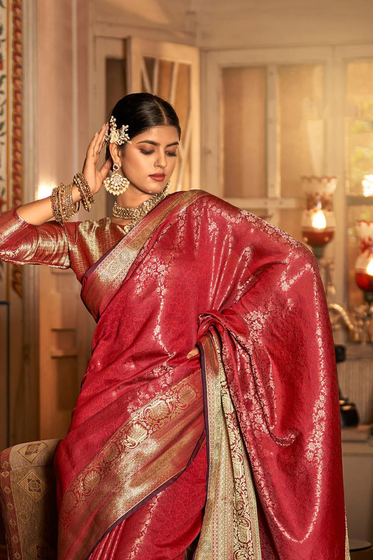 Ruby Red Pure Kanjivaram Silk with Bronze Zari Weaving