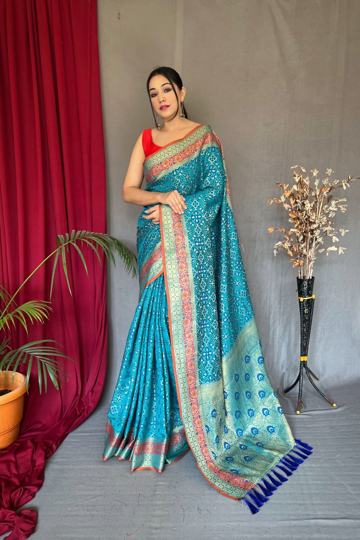 Ocean Blue Patola Silk Saree with Flower Patola Fusion