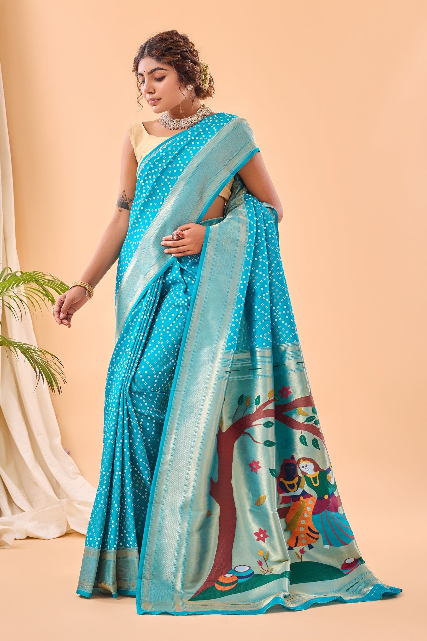 Sky Bandhani Weaving Paithani Silk Saree