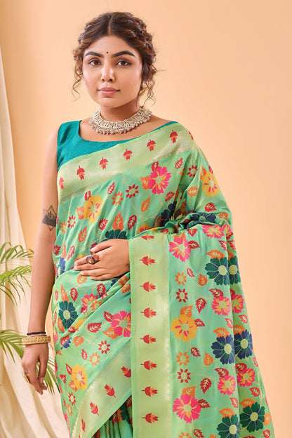 Pista Paithani Silk Saree with Royal Jaal Work