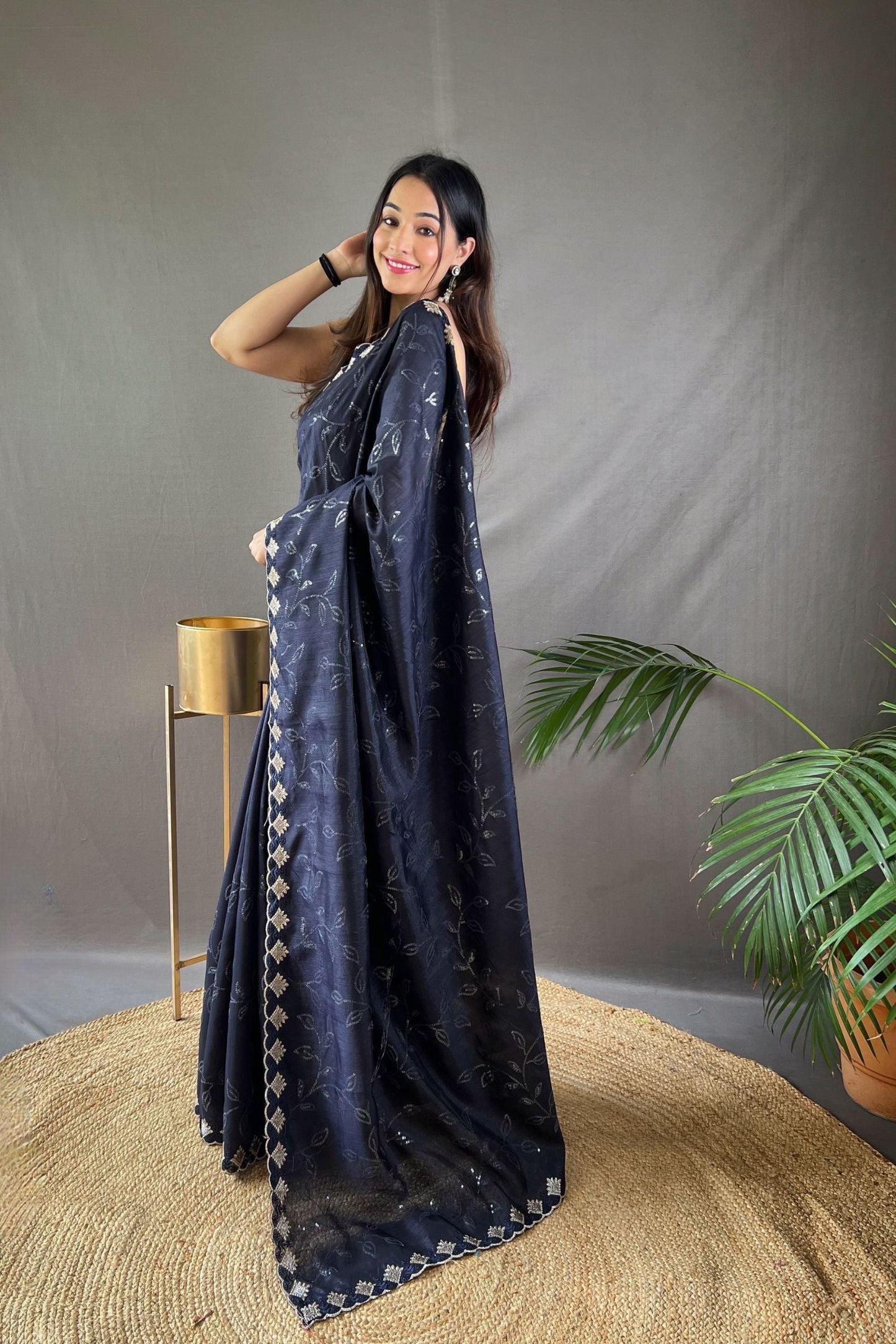 Black Sequins Work Silk Saree with Embroidered Border