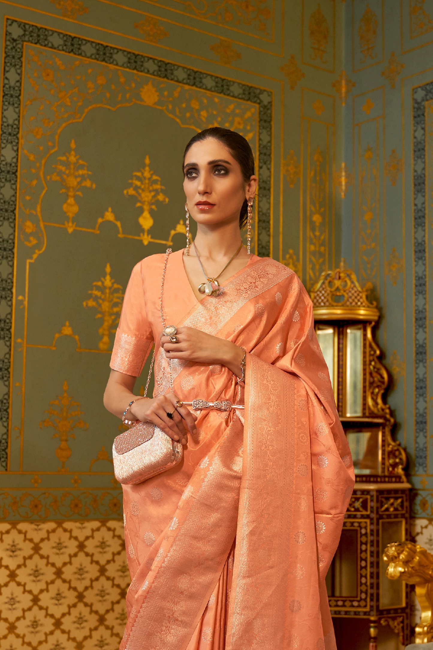 Salmon Orange Banarasi Handloom Silk Zari Woven Saree