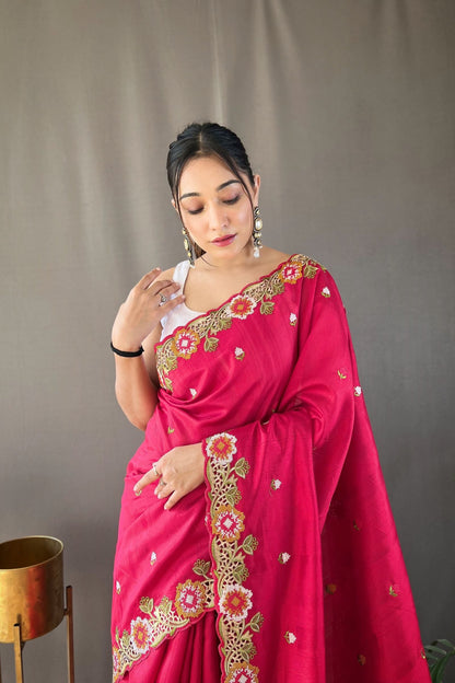 Hot Pink Embroidered Pure Tussar Silk Saree