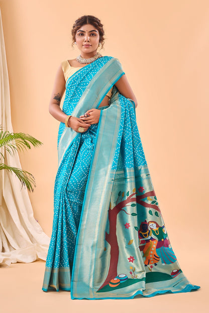 Sky Bandhani Weaving Paithani Silk Saree