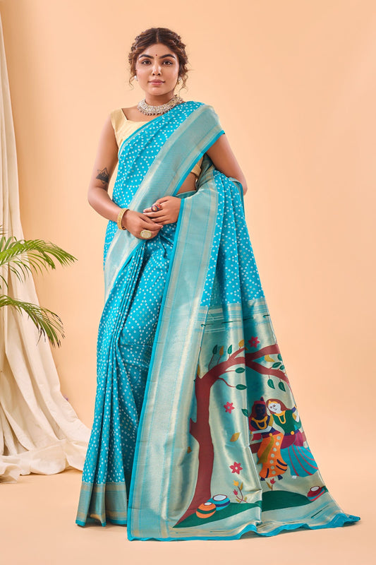Sky Bandhani Weaving Paithani Silk Saree