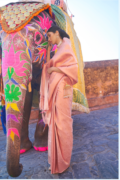 Salmon Peach Lavish Banarasi Handloom Silk Saree with Tassels Pallu