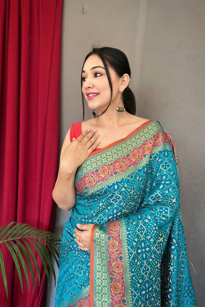 Ocean Blue Patola Silk Saree with Flower Patola Fusion
