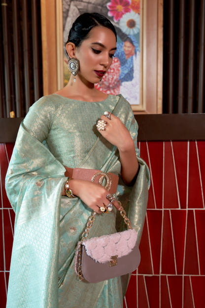 Pistachio Green Pure Banarasi Woven Silk Saree with Zari Work